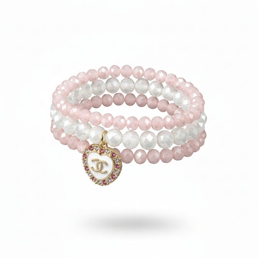 Blush & Opal Heart Charm Stretch Bracelet Stack