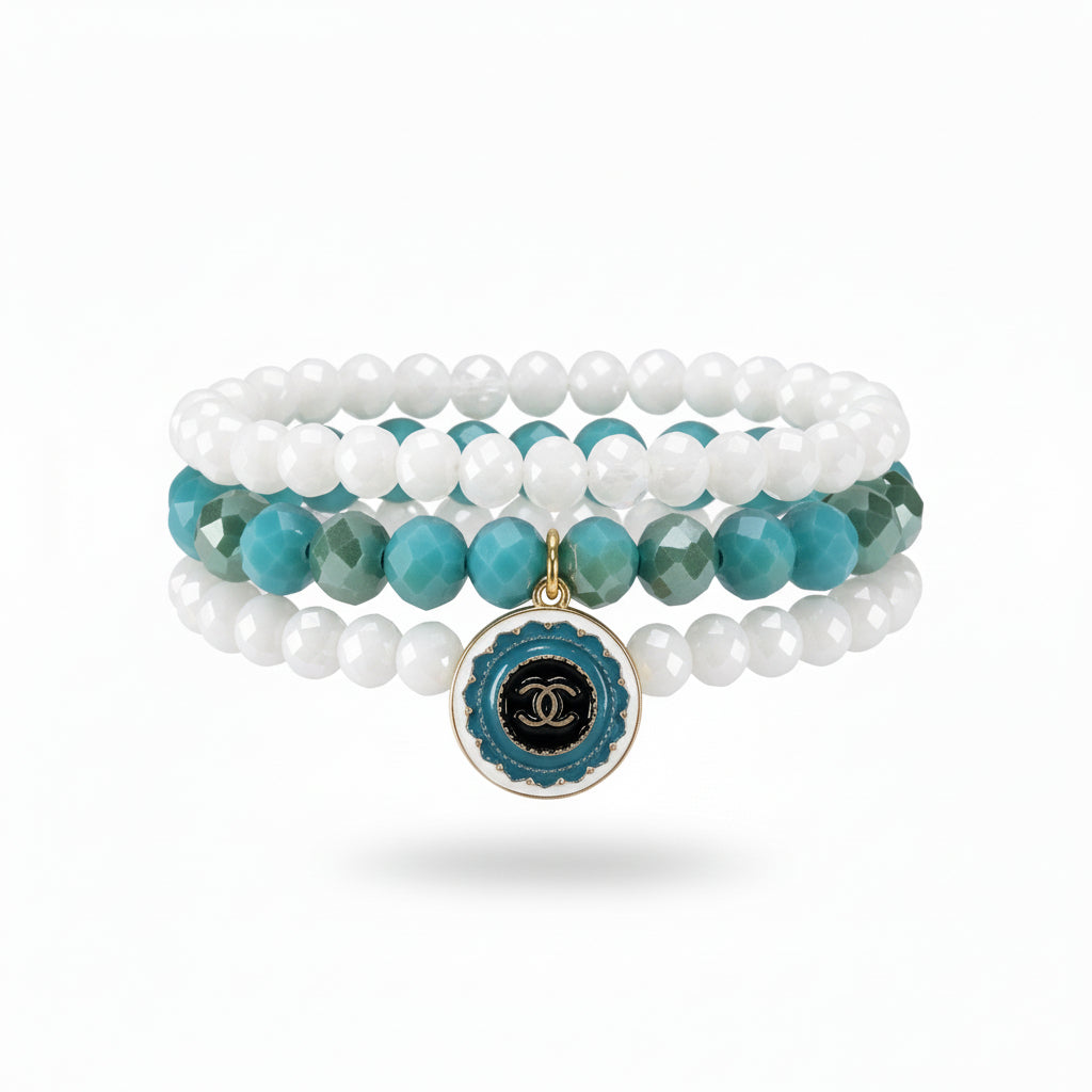 Ocean Teal Button Charm Stretch Bracelet Stack