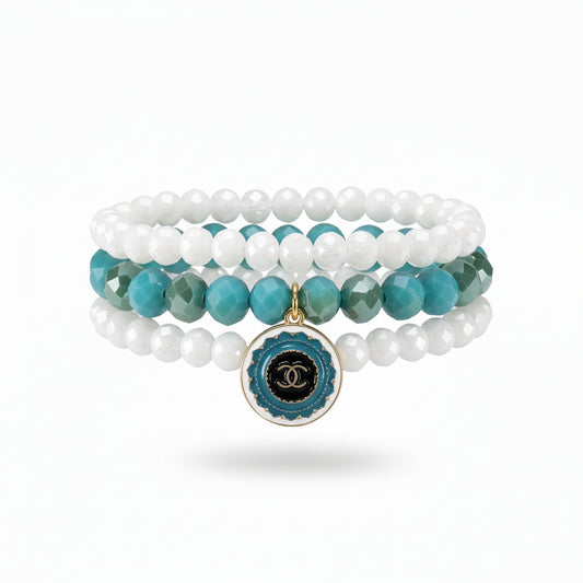 Ocean Teal Button Charm Stretch Bracelet Stack