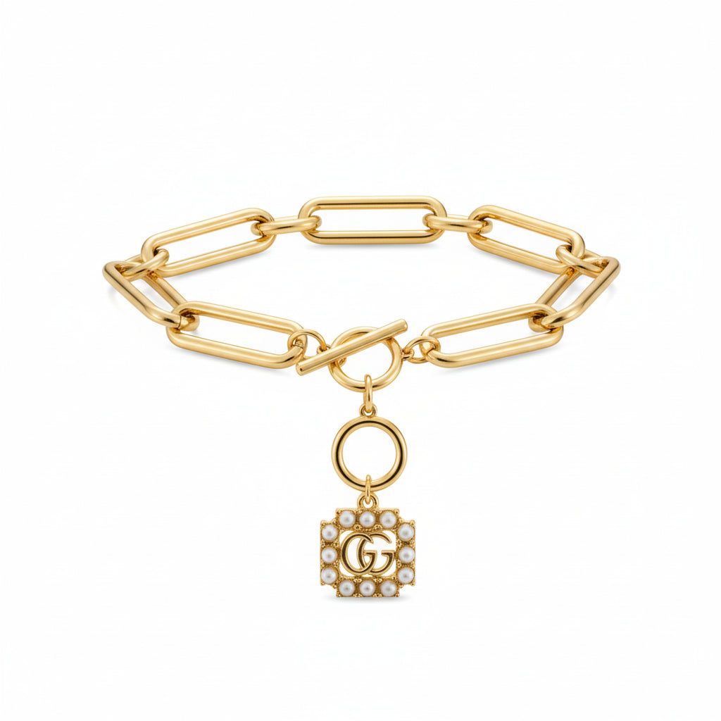 GG Pearl Charm Paperclip Toggle Bracelet