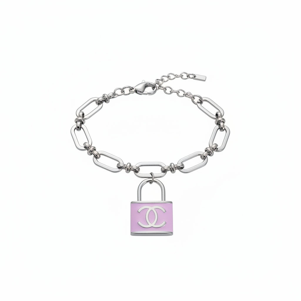 Lavender Lock Charm Oval Link Adjustable Bracelet
