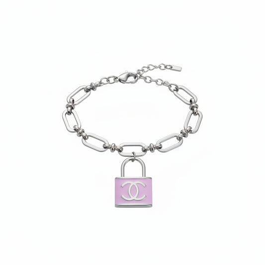 Lavender Lock Charm Oval Link Adjustable Bracelet