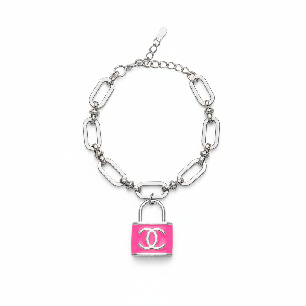 Hot Pink Lock Charm Oval Link Adjustable Bracelet