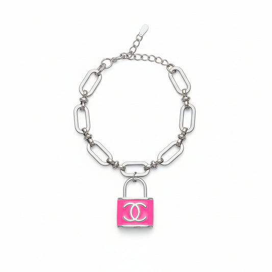Hot Pink Lock Charm Oval Link Adjustable Bracelet