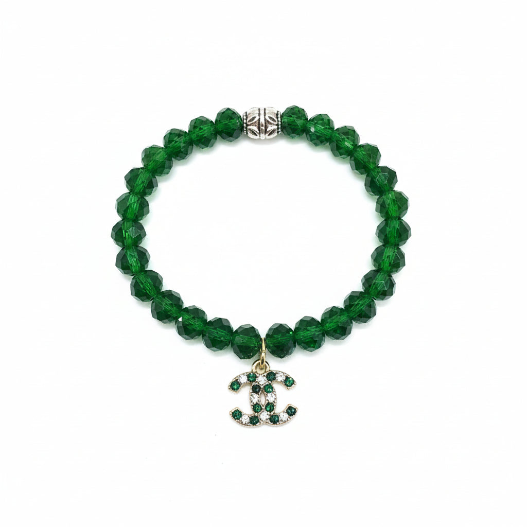 Emerald Glow Crystal Charm Stretch Bead Bracelet