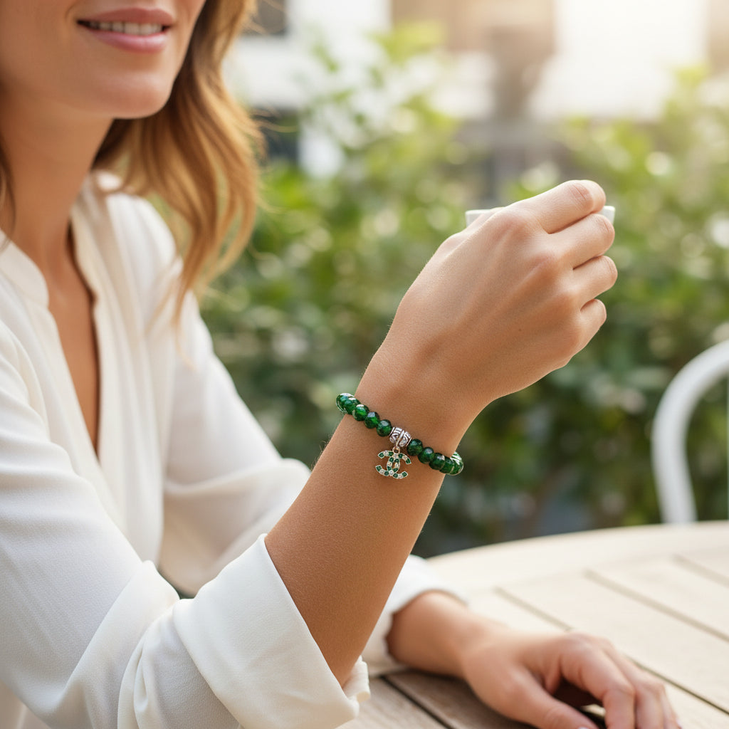 Emerald Glow Crystal Charm Stretch Bead Bracelet