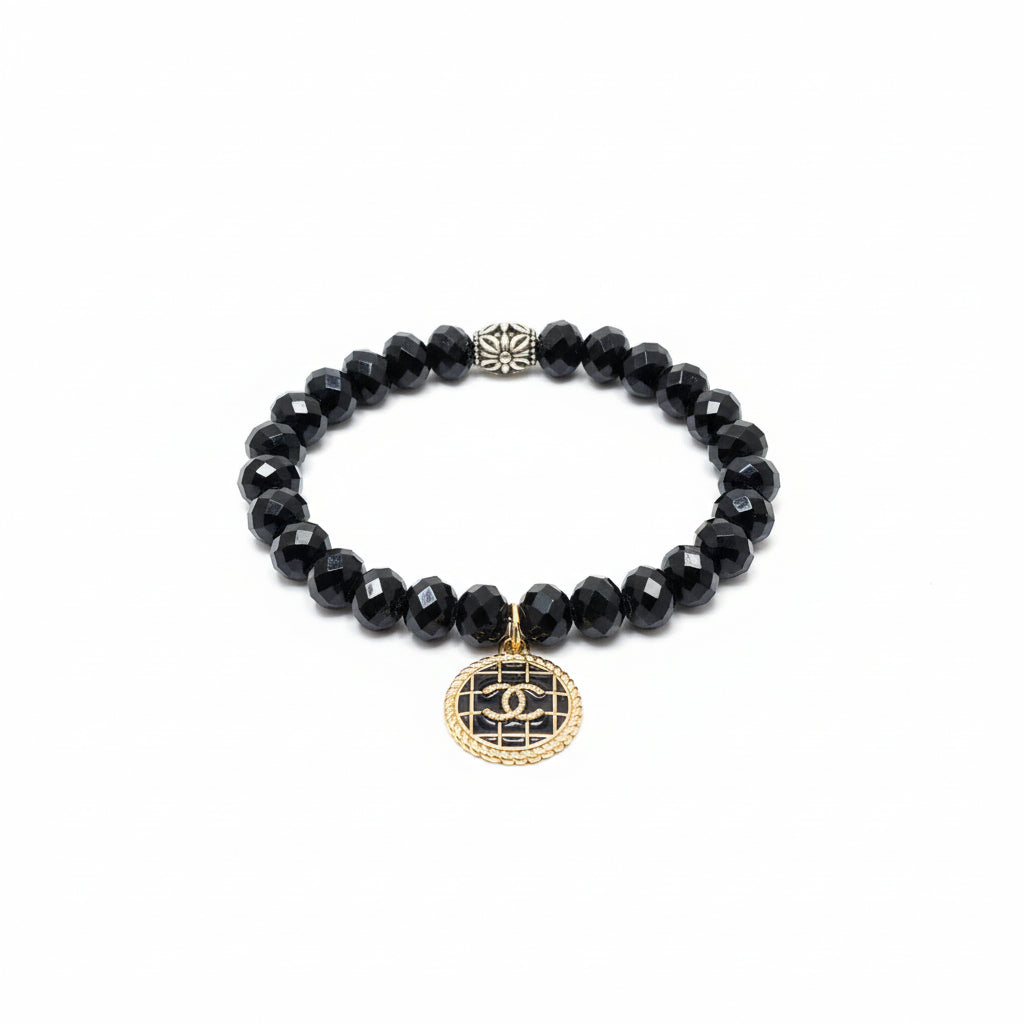 Classic Noir Stretch Bead Medallion Charm Bracelet