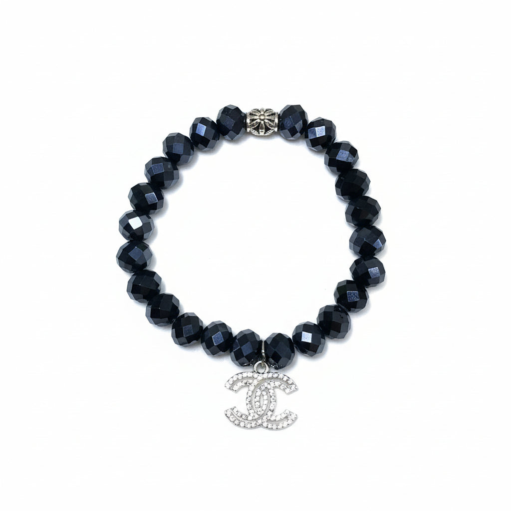 Onyx Shine Crystal Charm Stretch Bead Bracelet