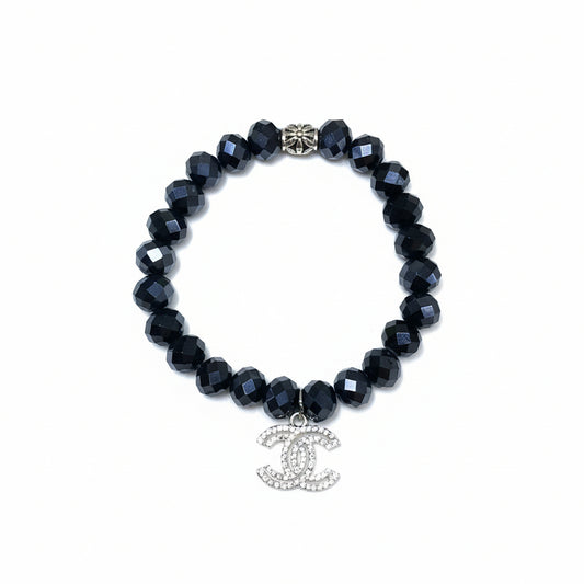 Onyx Shine Crystal Charm Stretch Bead Bracelet