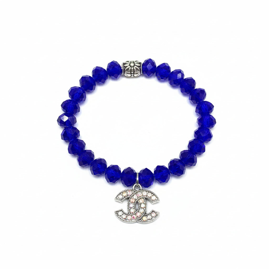 Cobalt Pop Crystal Charm Stretch Bead Bracelet