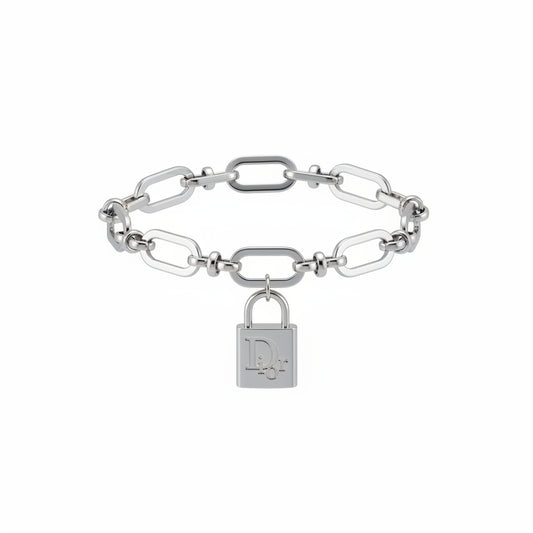 Silver Oval Link Lock Charm Bracelet