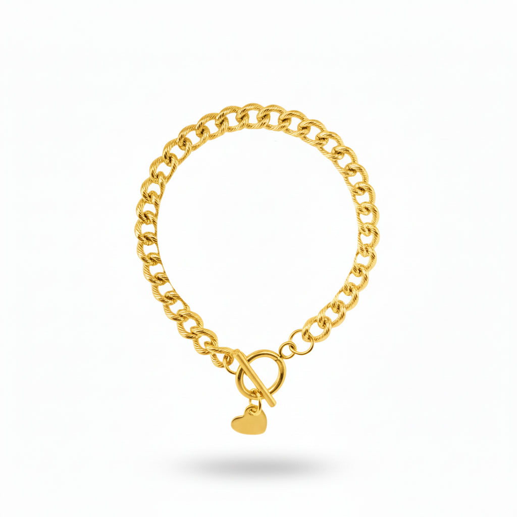Gold Textured Curb Chain Toggle Bracelet with Heart Charm