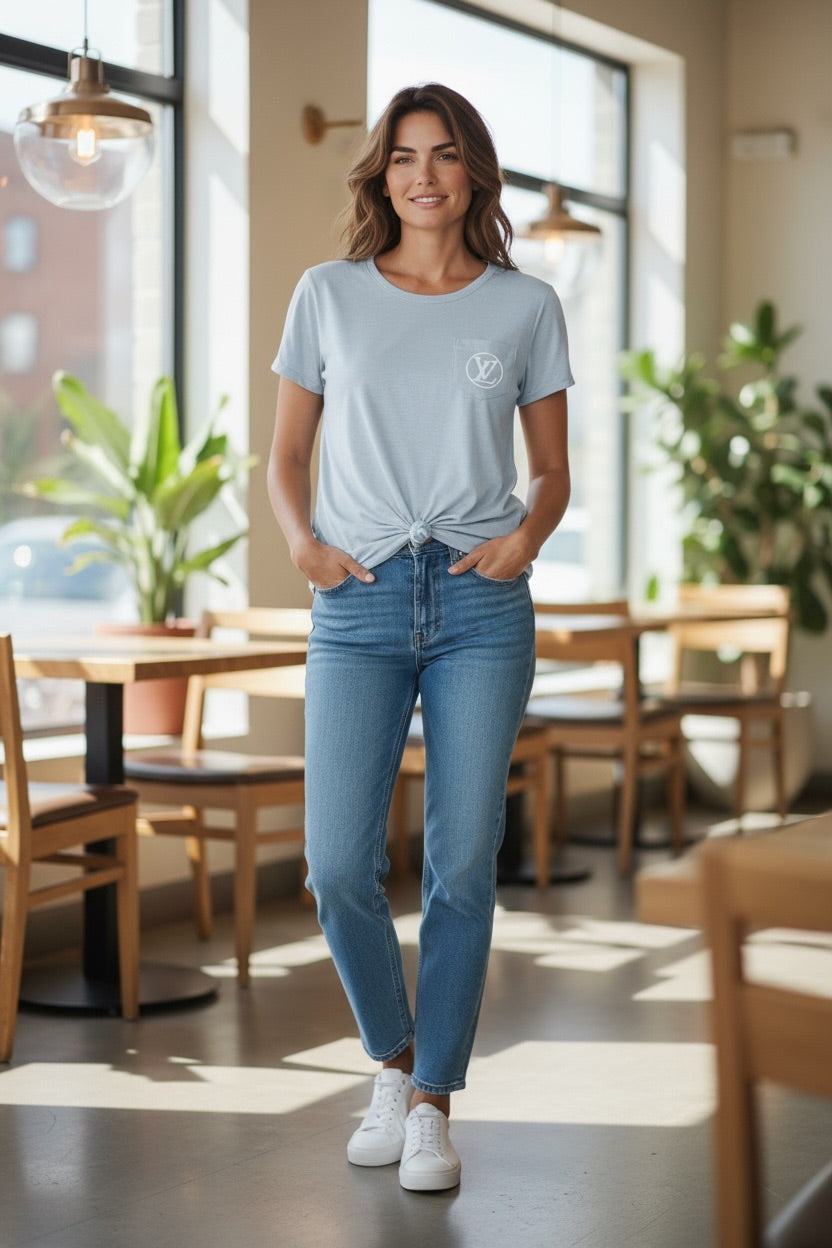 Gray V-Neck T-Shirt with White Front Design