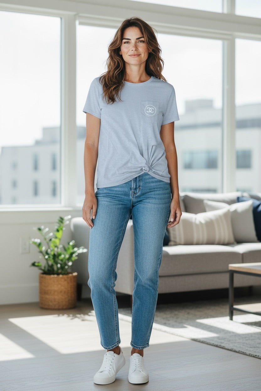 Gray V-Neck T-Shirt with White Front Design
