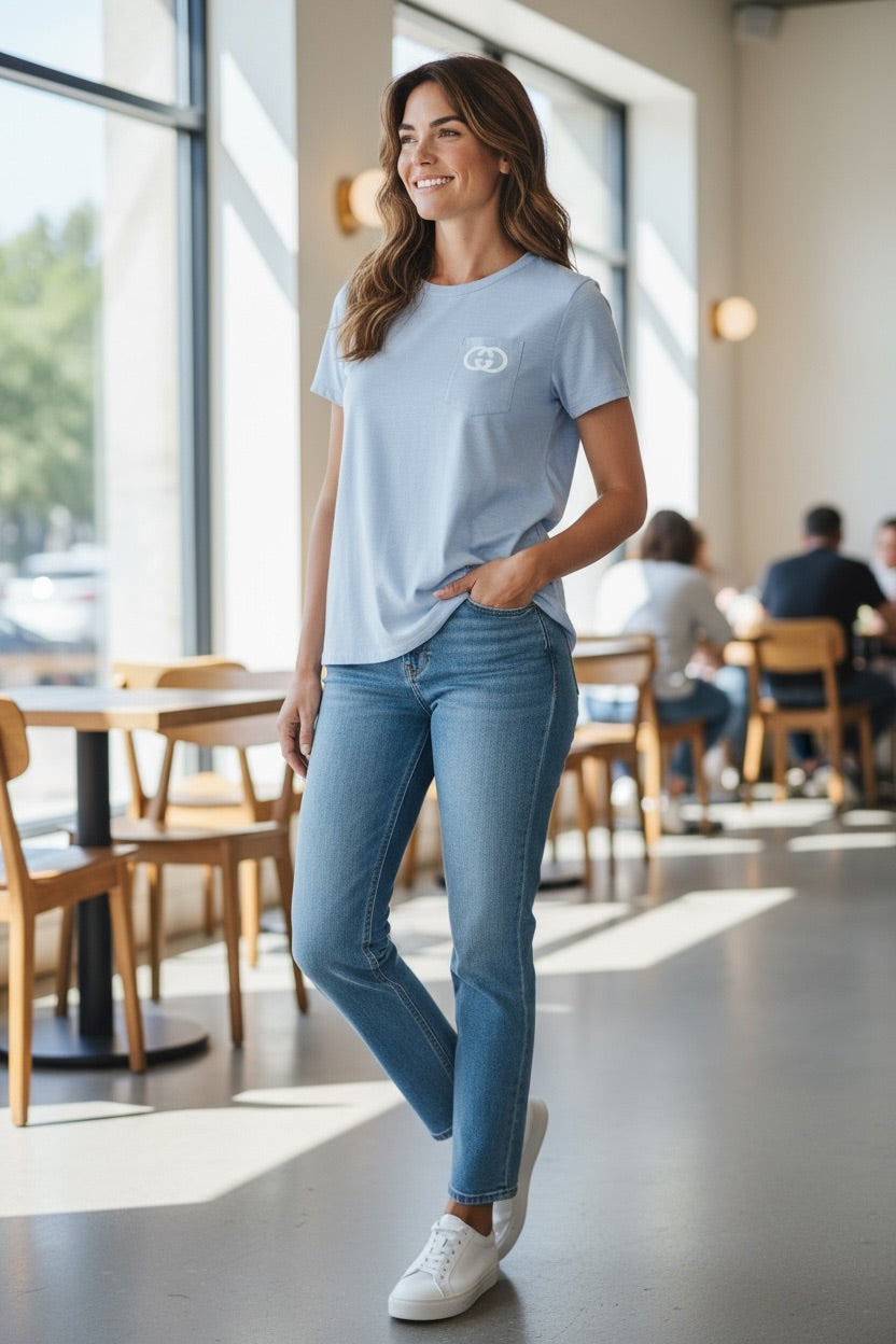 Gray V-Neck T-Shirt with White Front Design