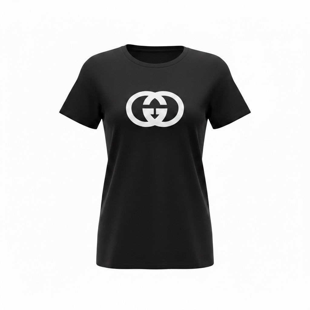 Black V-Neck T-Shirt with White Front Design
