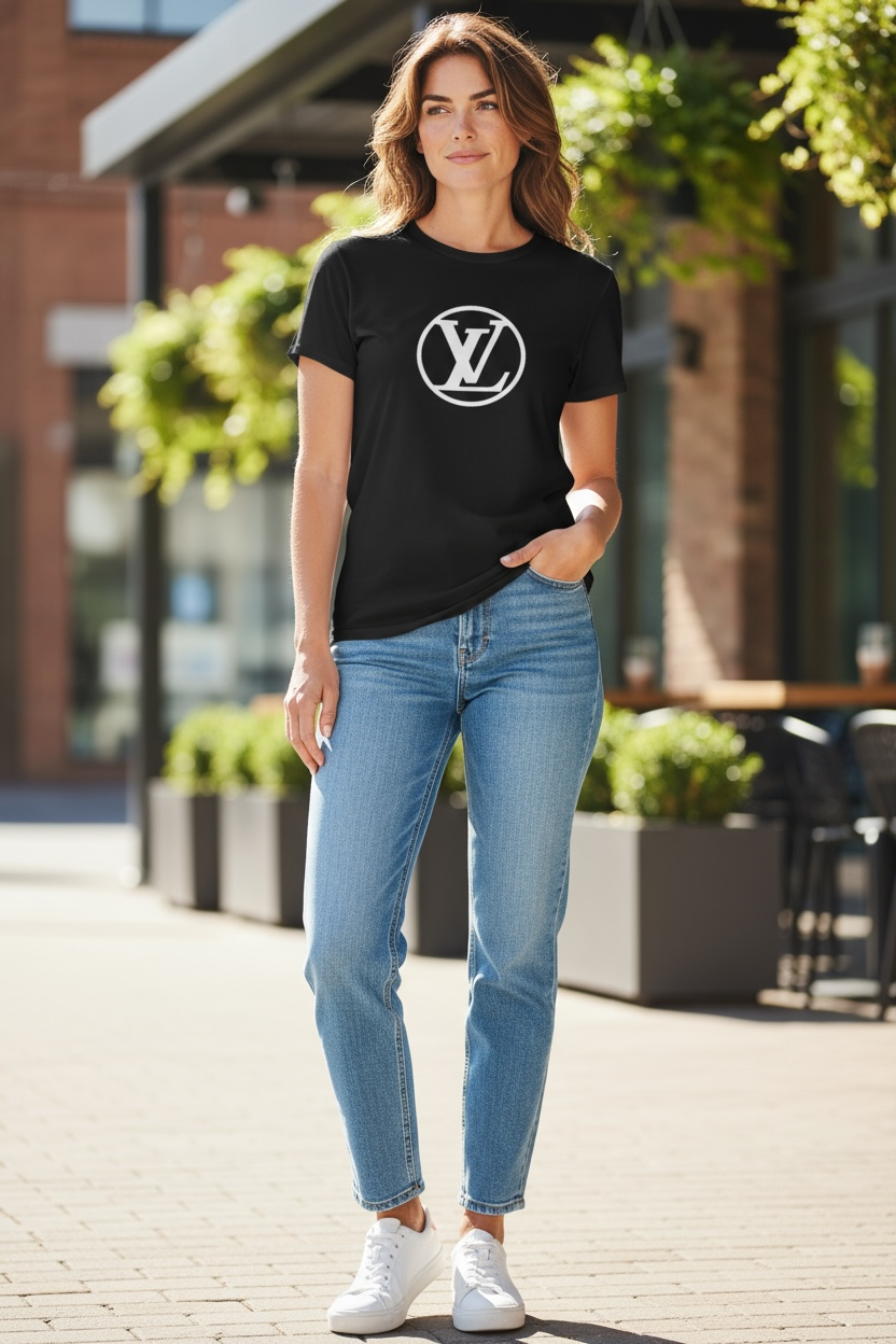 Black V-Neck T-Shirt with White Front Design