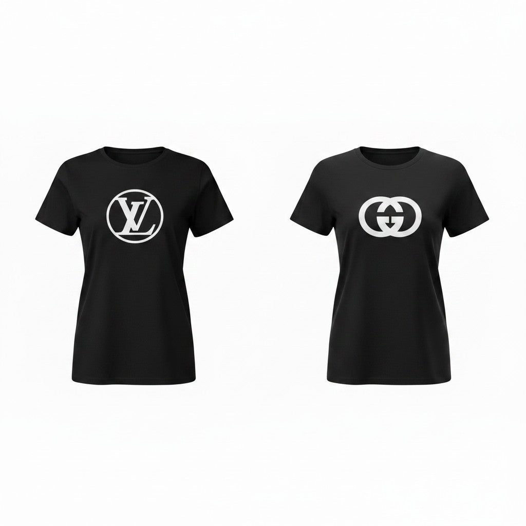 Black V-Neck T-Shirt with White Front Design