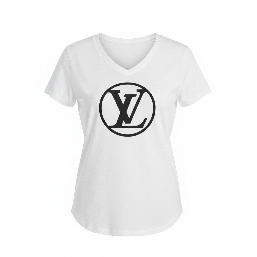 White V-Neck T-Shirt with Black Front Design