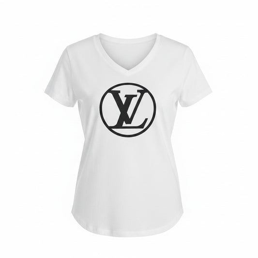 White V-Neck T-Shirt with Black Front Design