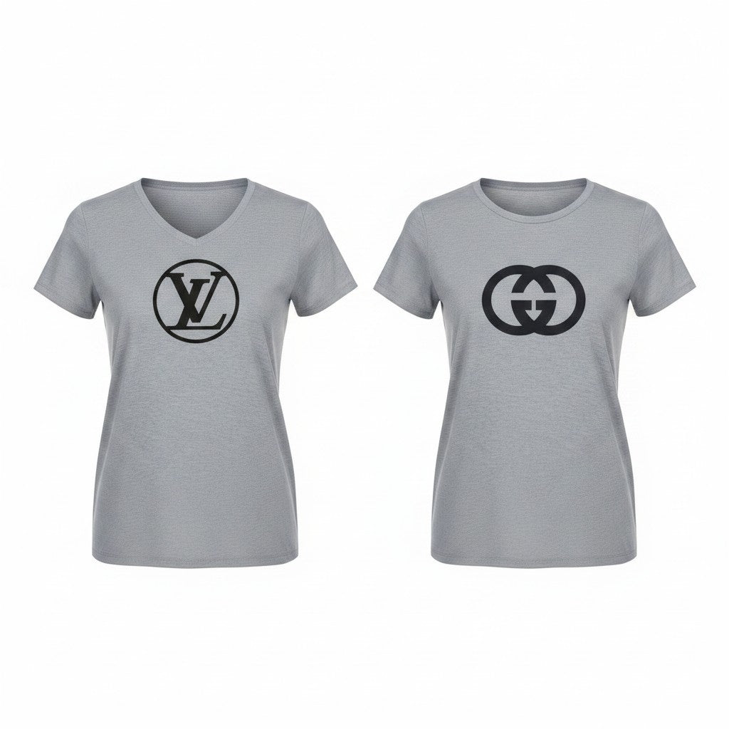 Gray V-Neck T-Shirt with Black Front Design