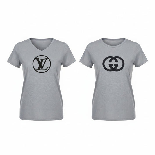 Gray V-Neck T-Shirt with Black Front Design
