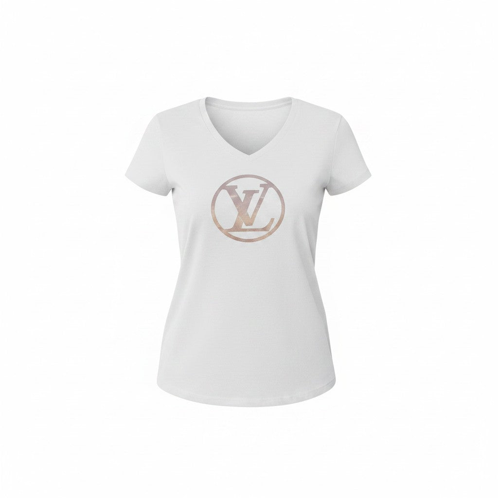 White V-Neck T-Shirt with Rose Gold Front Design
