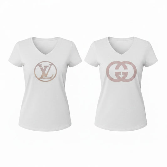 White V-Neck T-Shirt with Rose Gold Front Design