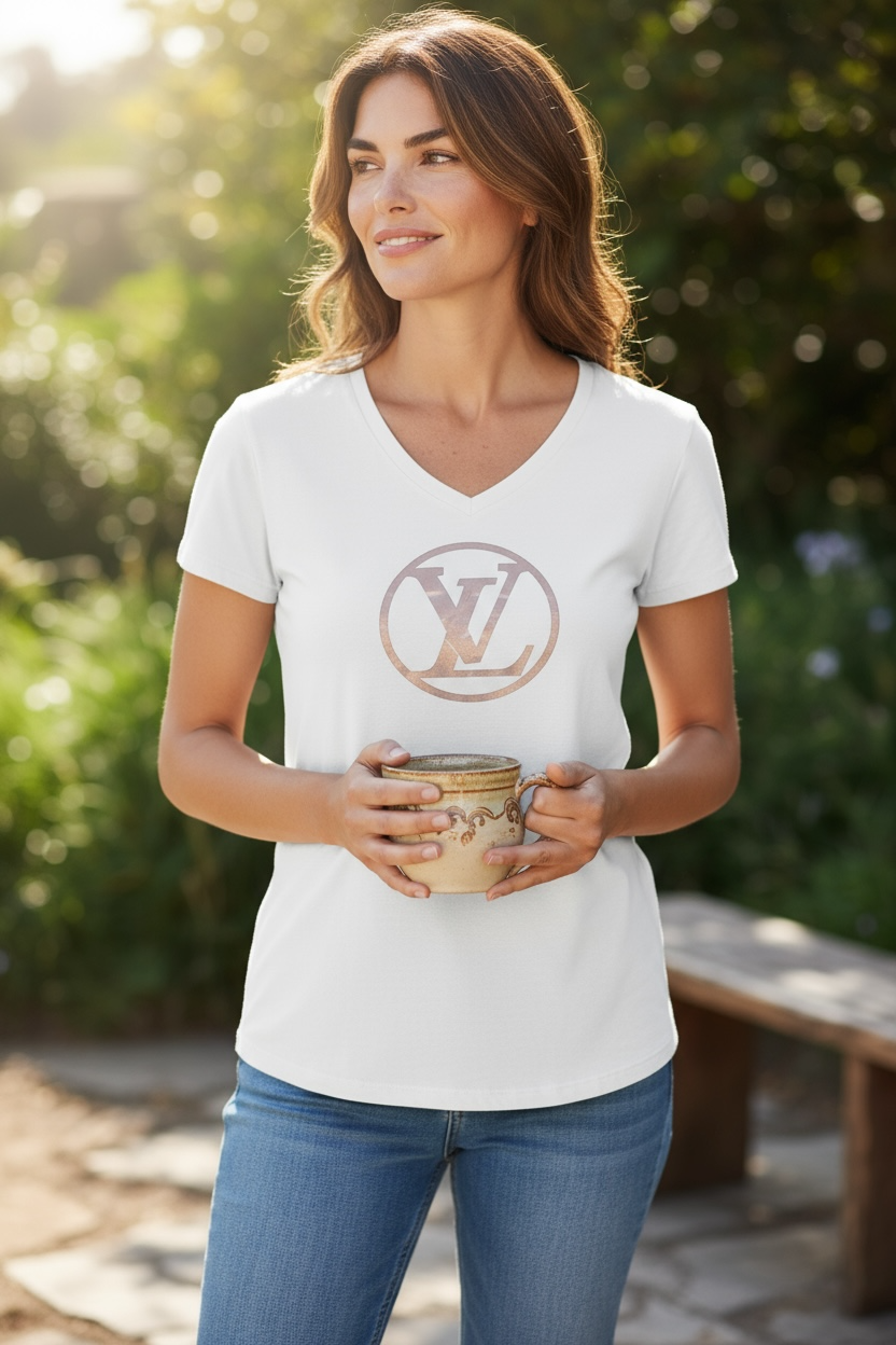 White V-Neck T-Shirt with Rose Gold Front Design
