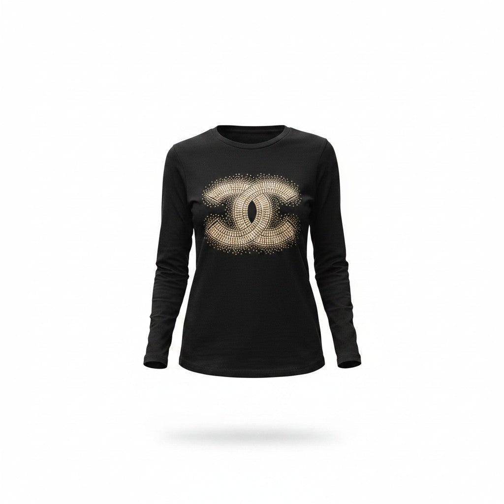 Black Tee with Gold Rhinestone CC Emblem Long Sleeve