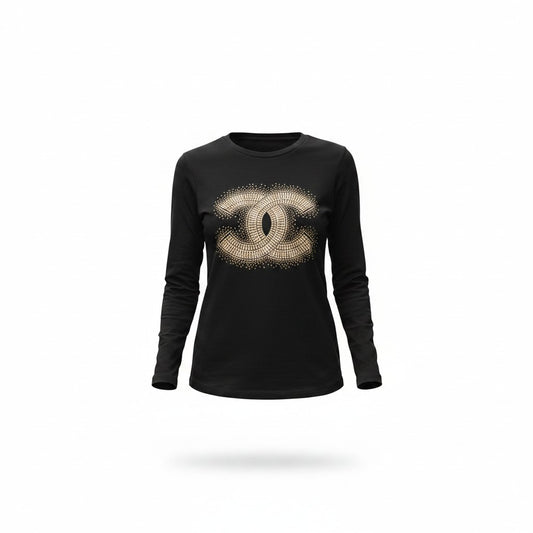 Black Tee with Gold Rhinestone CC Emblem Long Sleeve