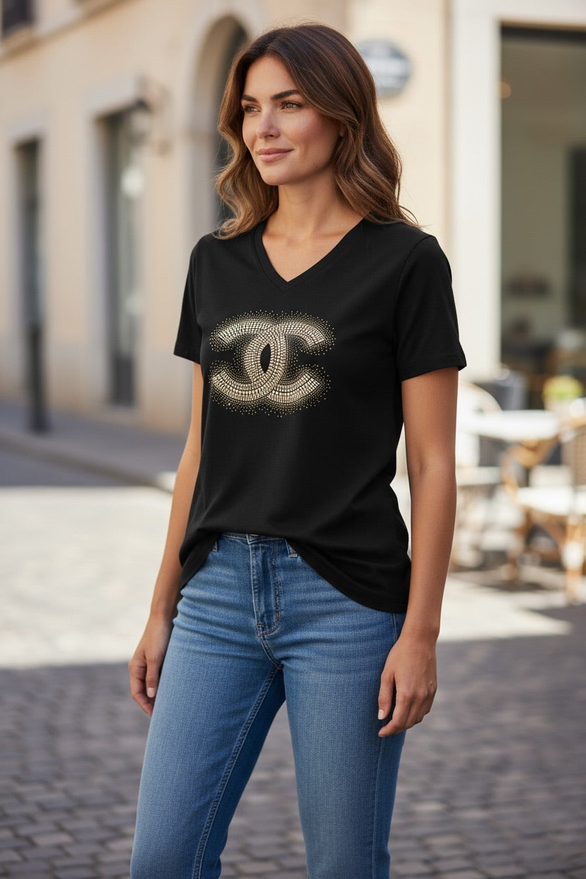 Black V-Neck Tee with Gold Rhinestone CC Emblem
