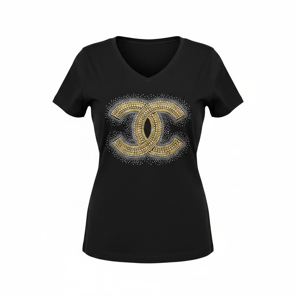 Black V-Neck Tee with Gold Rhinestone CC Emblem