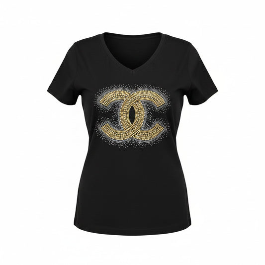 Black V-Neck Tee with Gold Rhinestone CC Emblem