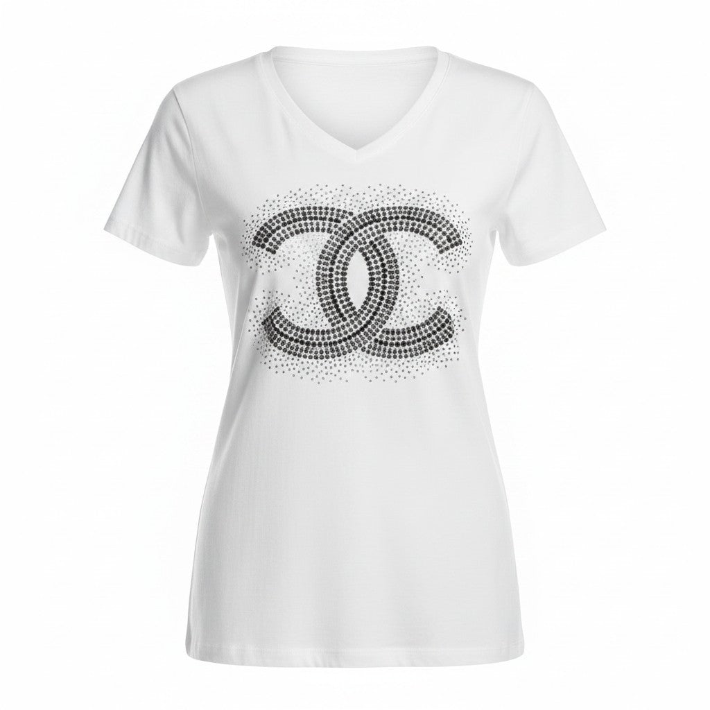 White Tee with Black Rhinestone CC Emblem