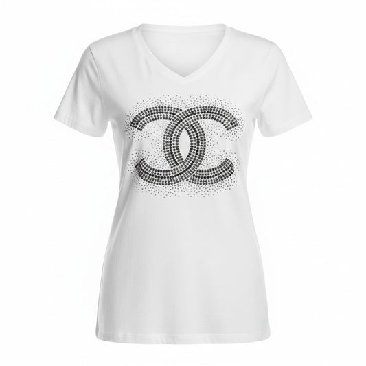 White Tee with Black Rhinestone CC Emblem