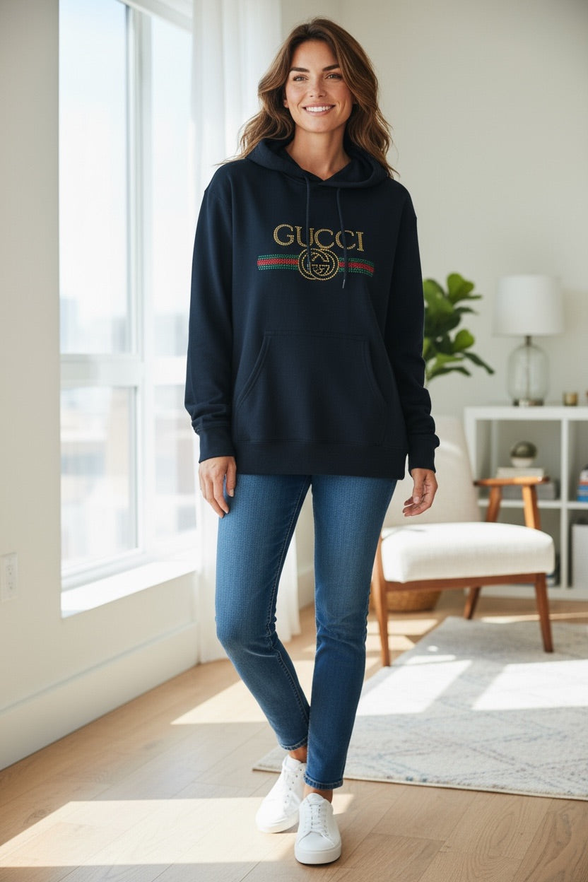 Black GG Stripe Rhinestone Hoodie