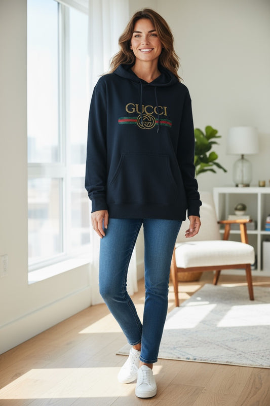 Black GG Stripe Rhinestone Hoodie