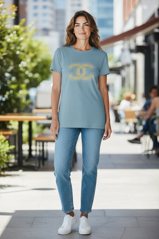 Blue-Grey Rhinestone Emblem Tee