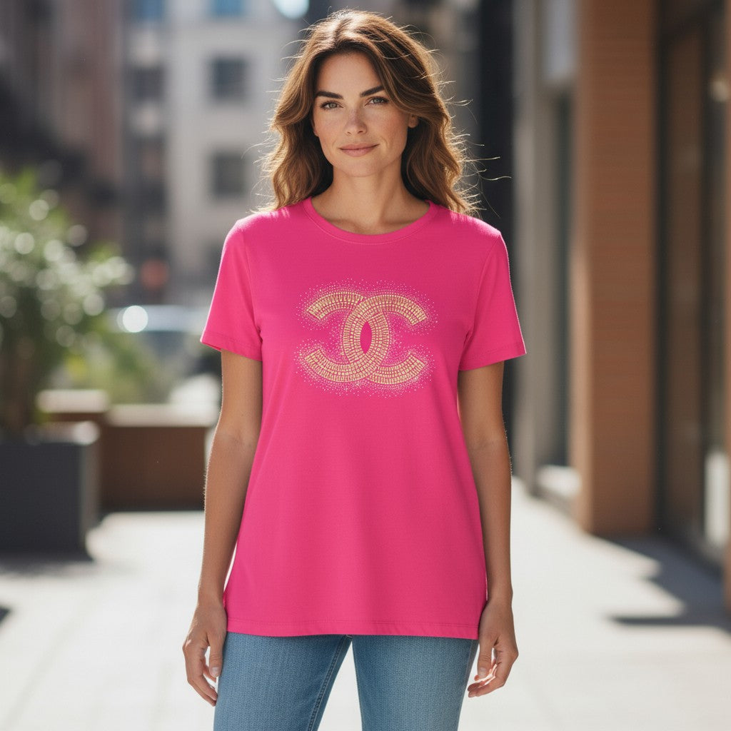 Hot Pink Rhinestone CC Emblem Tee