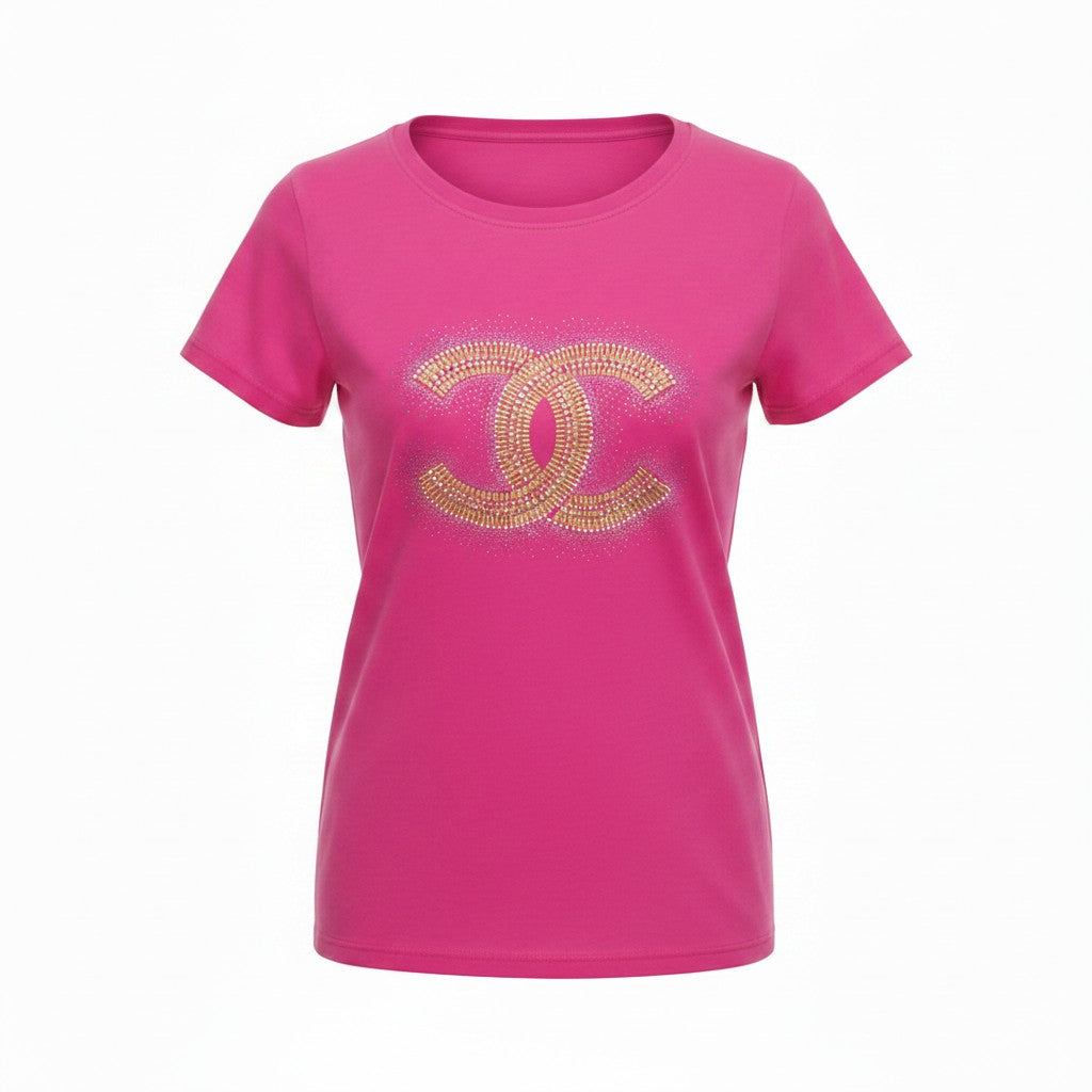 Hot Pink Rhinestone CC Emblem Tee