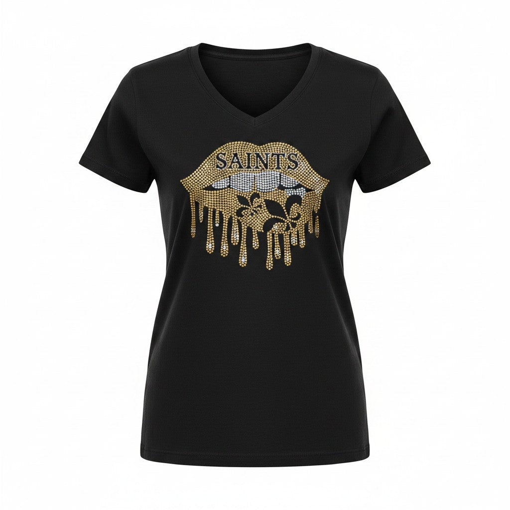 Saints Rhinestone Drip Lip V-Neck Tee