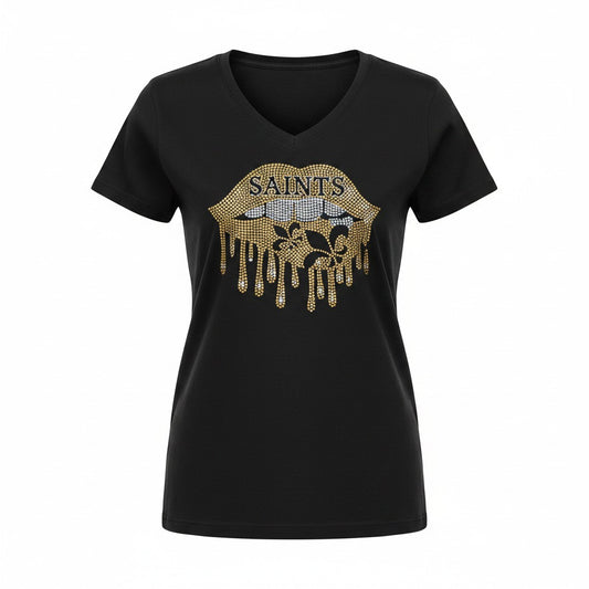 Saints Rhinestone Drip Lip V-Neck Tee