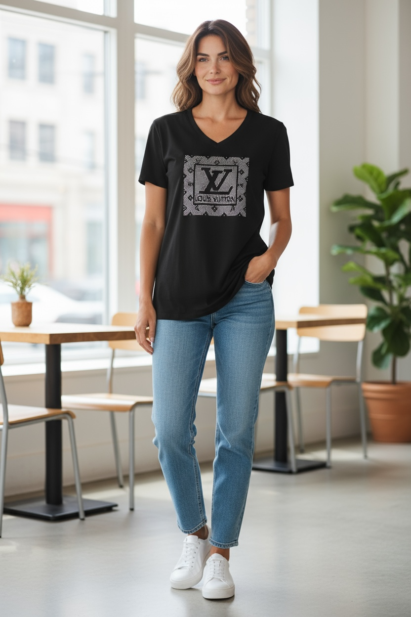 Black V-Neck Tee with Black Rhinestone LV Square Emblem