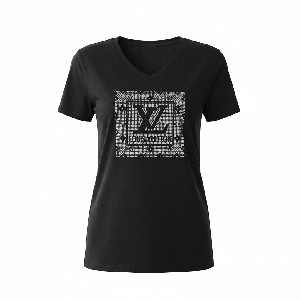 Black V-Neck Tee with Black Rhinestone LV Square Emblem