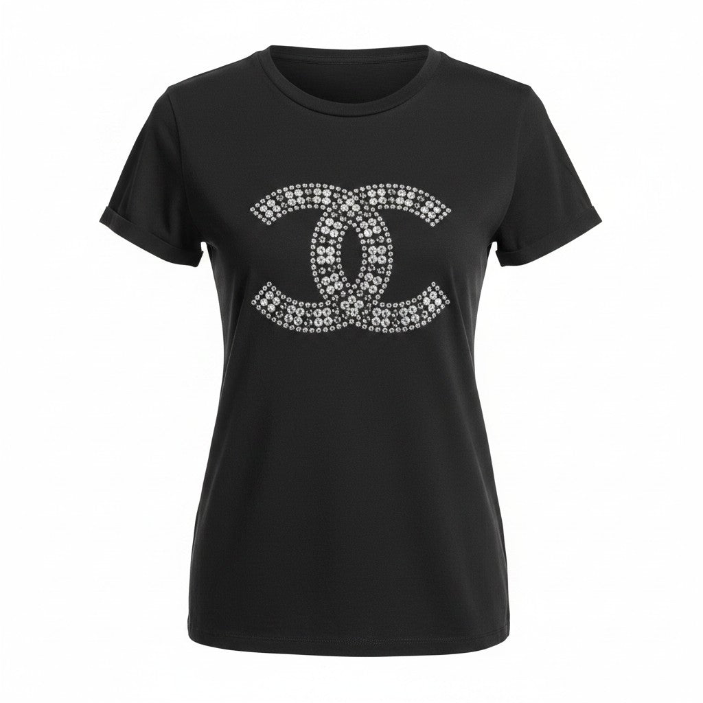 Black Tee with Silver Rhinestone CC Emblem