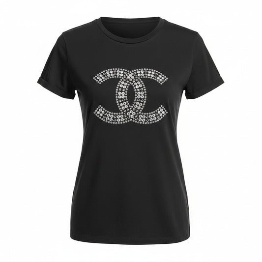 Black Tee with Silver Rhinestone CC Emblem