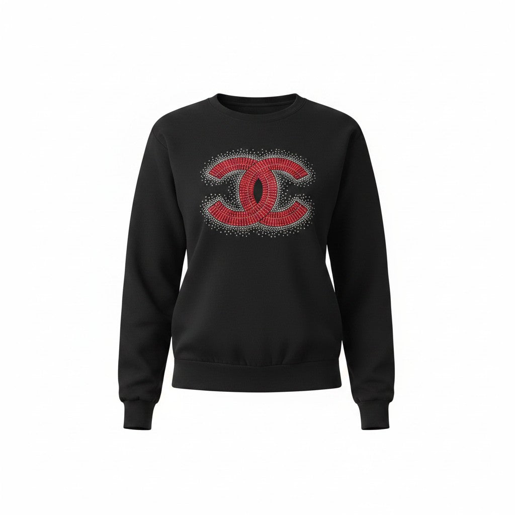 Black Sweatshirt with Red Rhinestone CC Emblem