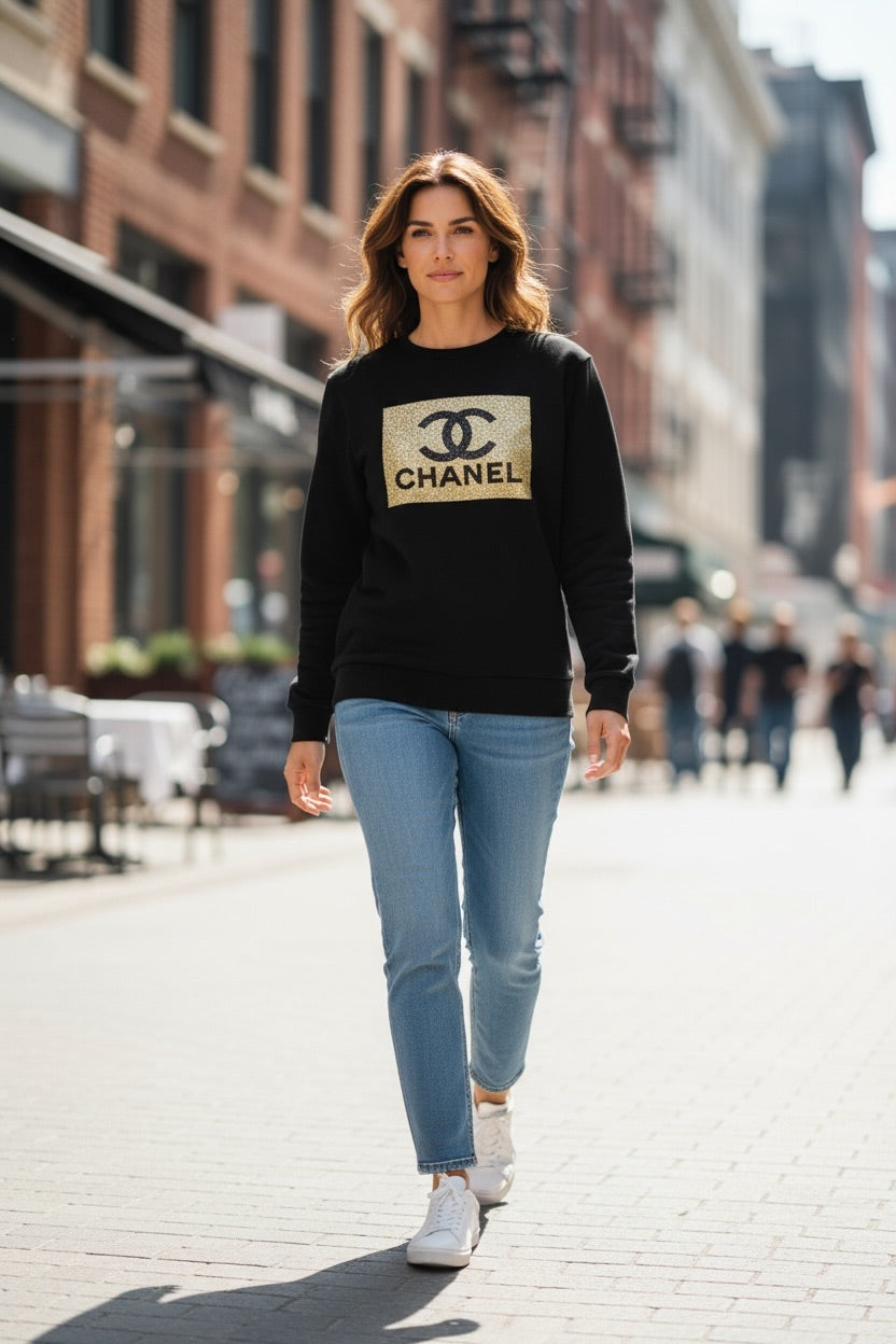 lack Sweatshirt with Gold Sequin CC Logo Panel