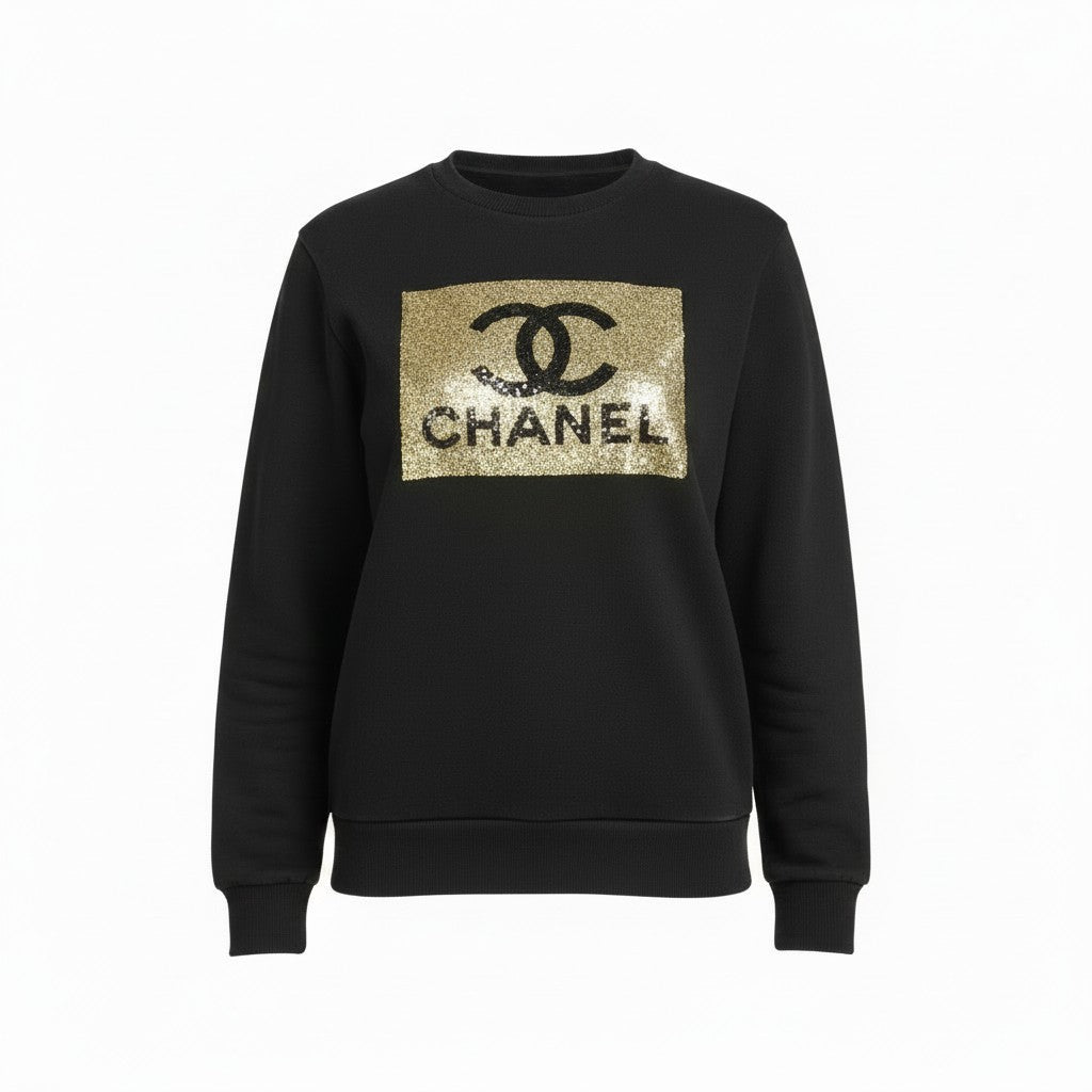 lack Sweatshirt with Gold Sequin CC Logo Panel